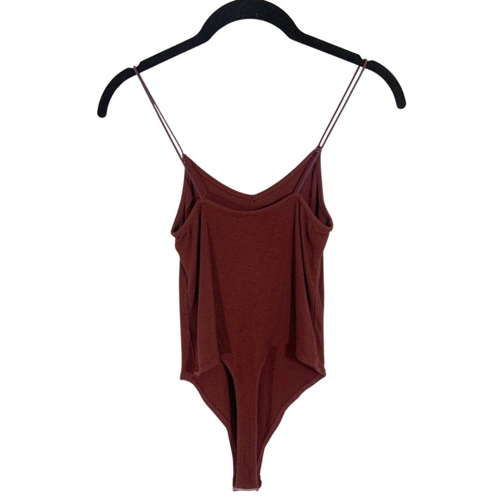 V-Neck Ribbed Bodysuit w/ Thin Straps and Snap Crotch Burgundy/Maroon - Picture 2 of 6